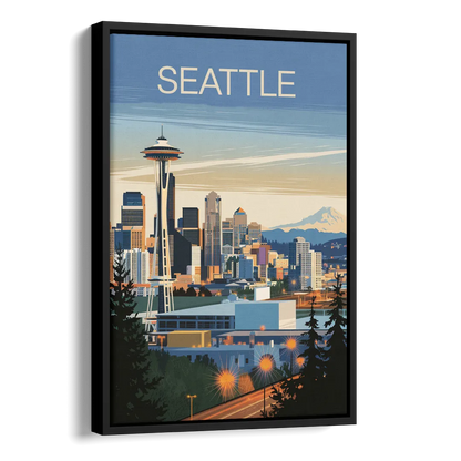 Seattle City at Dusk Side - Black Canvas Wall Art