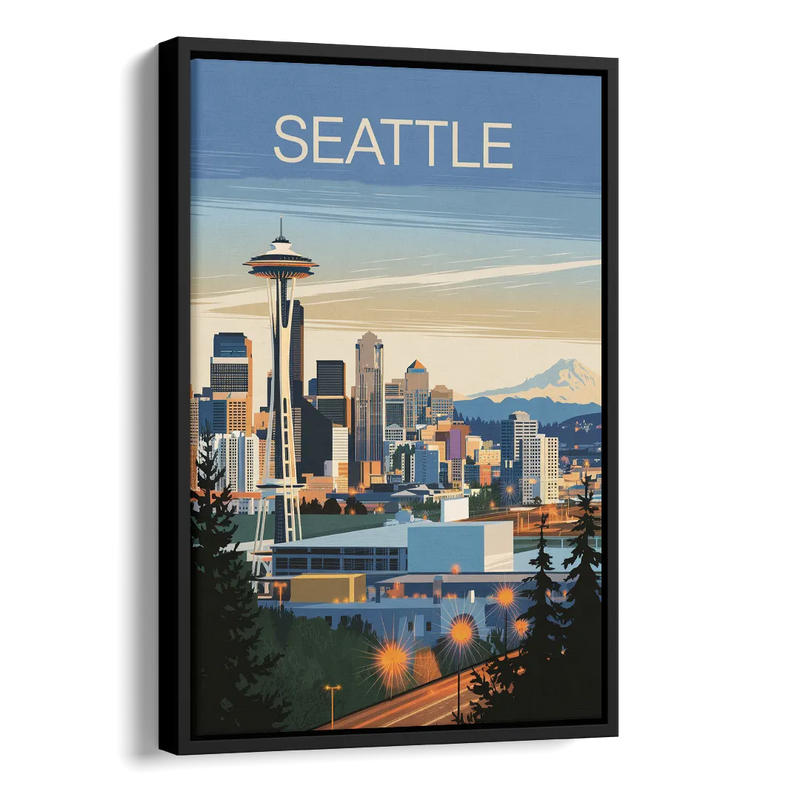 Seattle City at Dusk Side - Black Canvas Wall Art