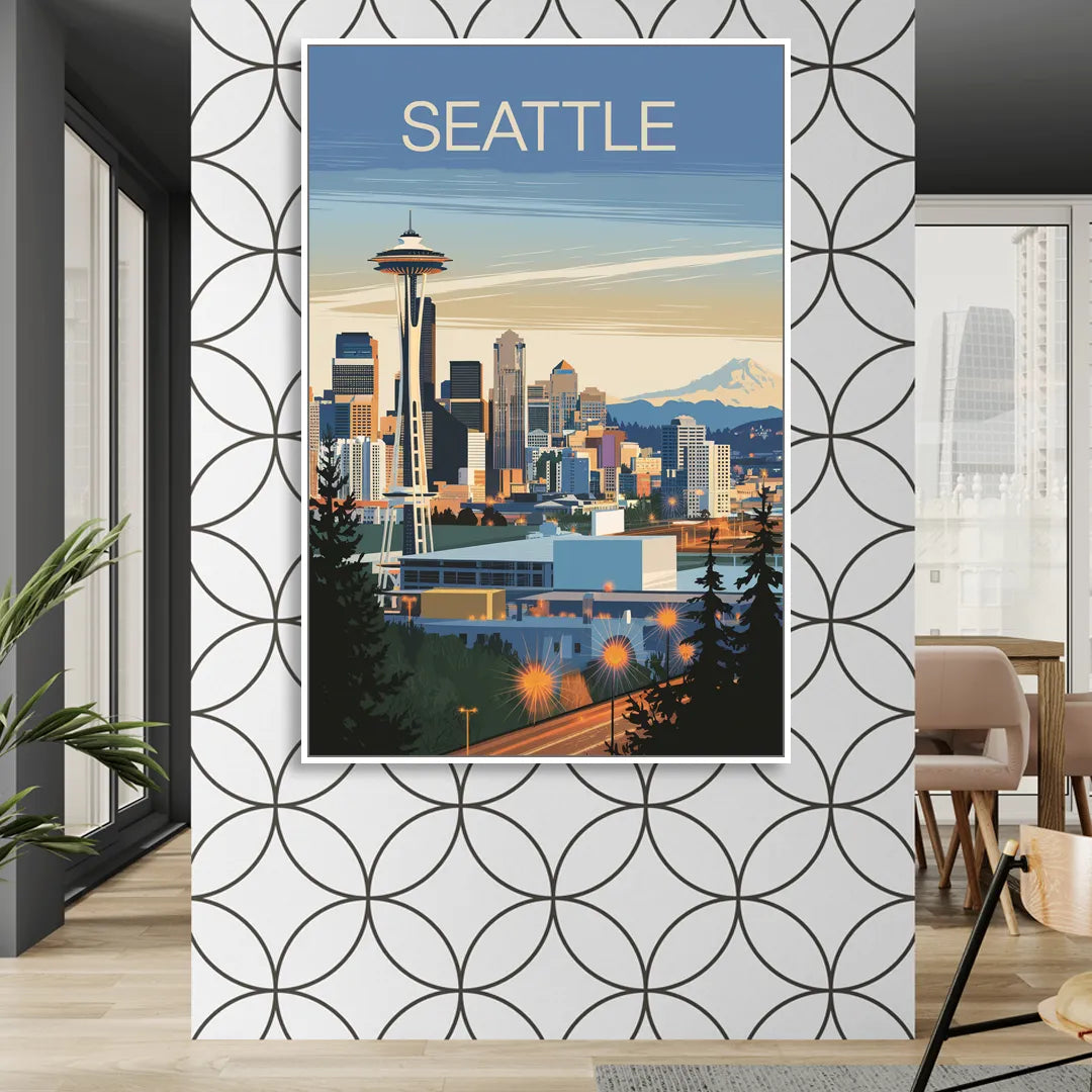 Seattle City at Dusk Living Room - White Canvas Wall Art