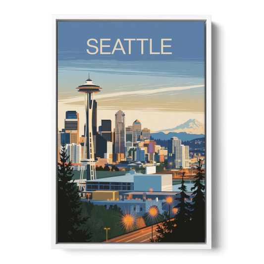 Seattle City at Dusk - White Framed Canvas Wall Art - Front