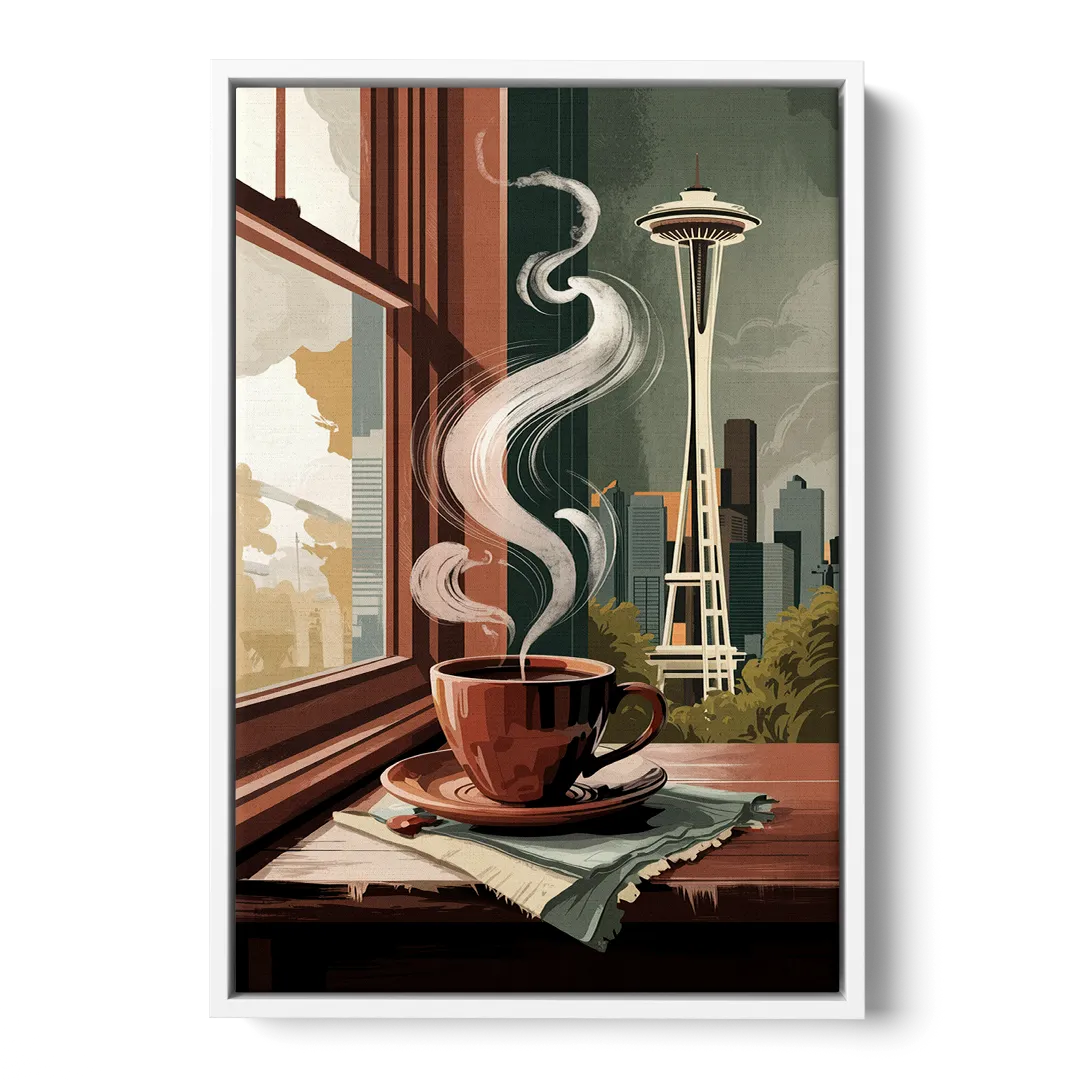 Seattle Coffee Culture Vibes Front - White Canvas Wall Art