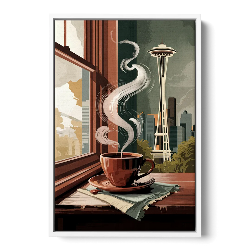 Seattle Coffee Culture Vibes Front - White Canvas Wall Art