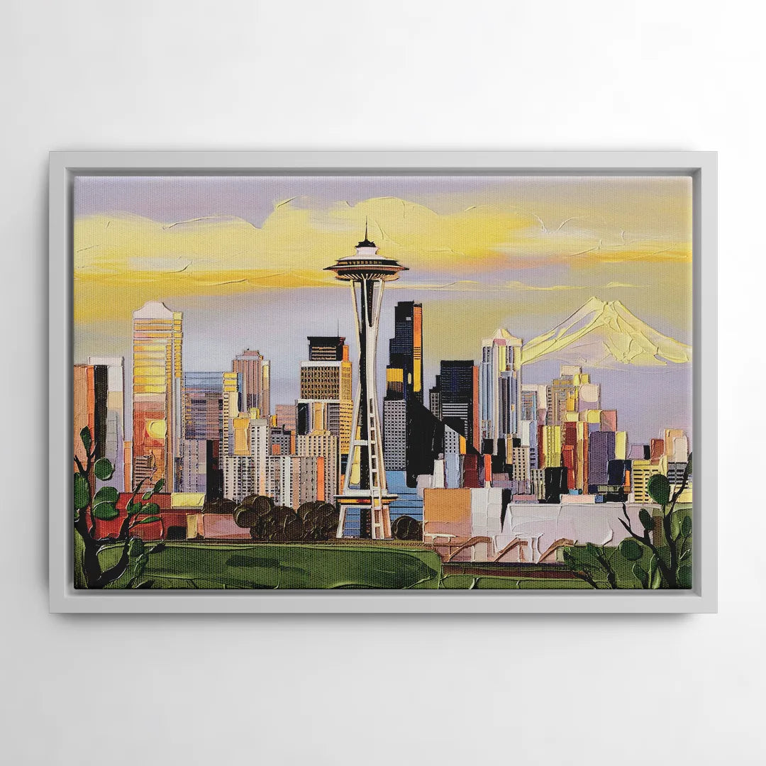 Seattle Downtown Skyline - White Frame Canvas