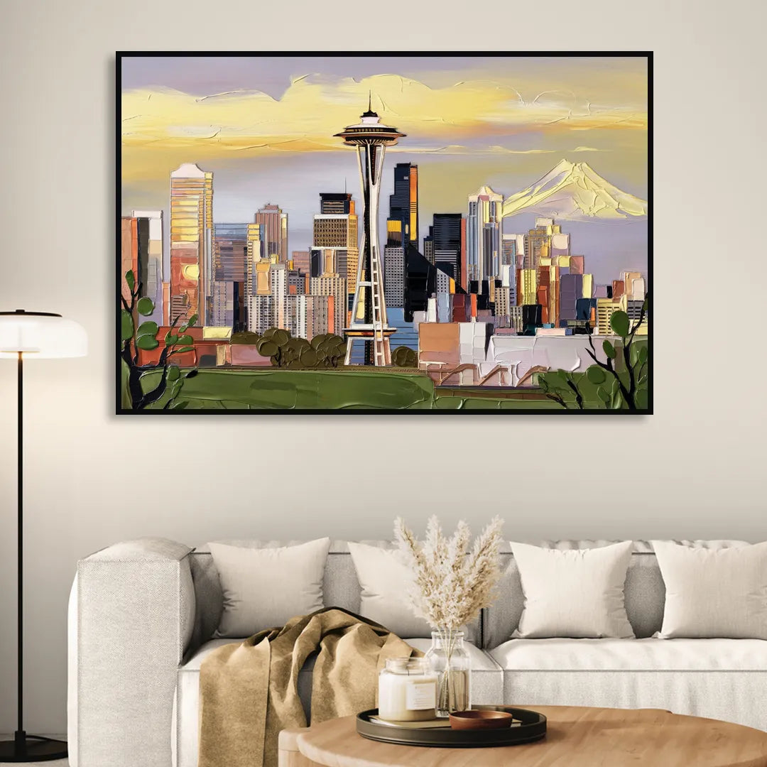 Seattle Downtown Skyline Sitting Room - Black Canvas Wall Art