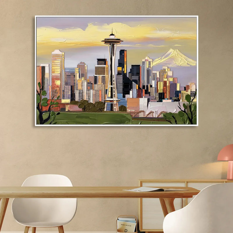 Seattle Downtown Skyline Living Room - White Canvas Wall Art