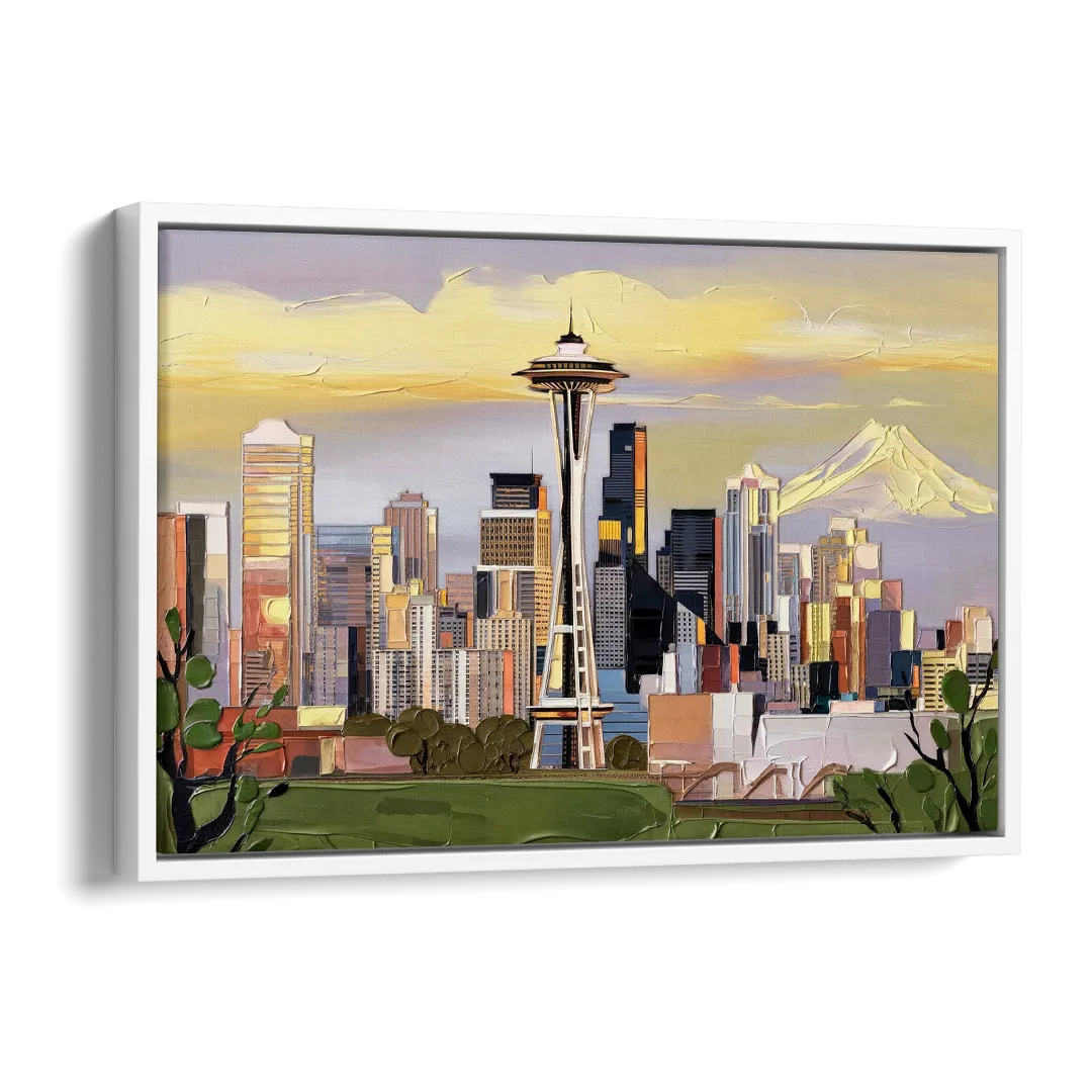 Seattle Downtown Skyline Side - White Canvas Wall Art