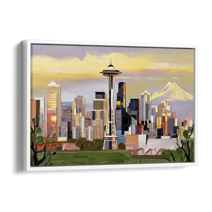 Seattle Downtown Skyline Side - White Canvas Wall Art