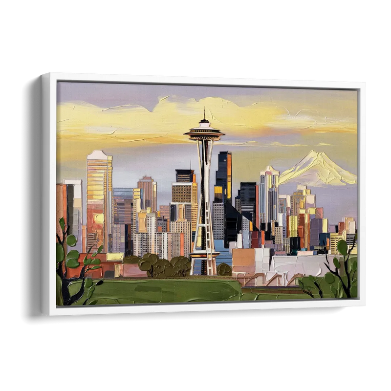 Seattle Downtown Skyline Side - White Canvas Wall Art