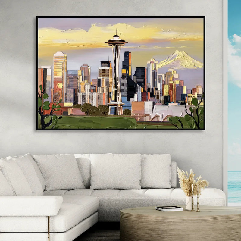 Seattle Downtown Skyline Living Room - Black Canvas Wall Art