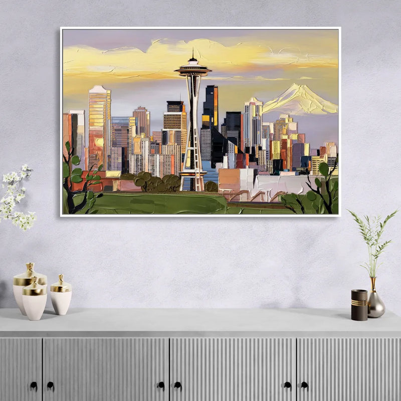 Seattle Downtown Skyline Sitting Room - White Canvas Wall Art