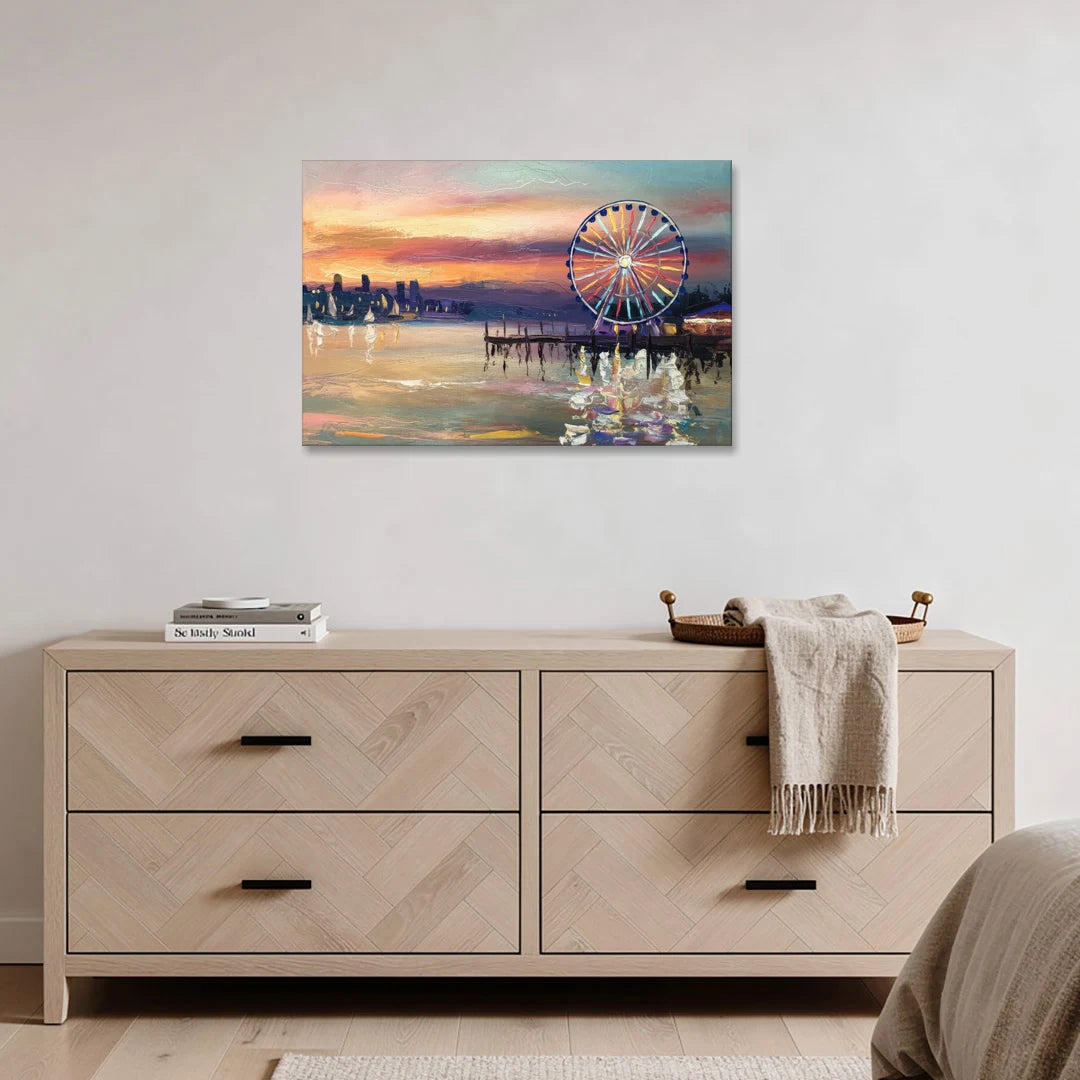 Seattle Harbor With Ferris Wheel - Canvas Wall Art - Coffee Table - 36x24