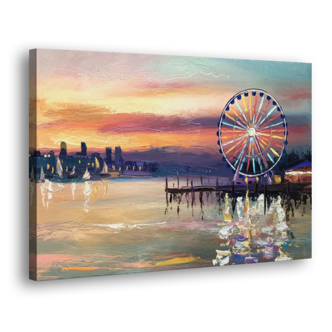 Seattle Harbor With Ferris Wheel - Canvas Wall Art - Side