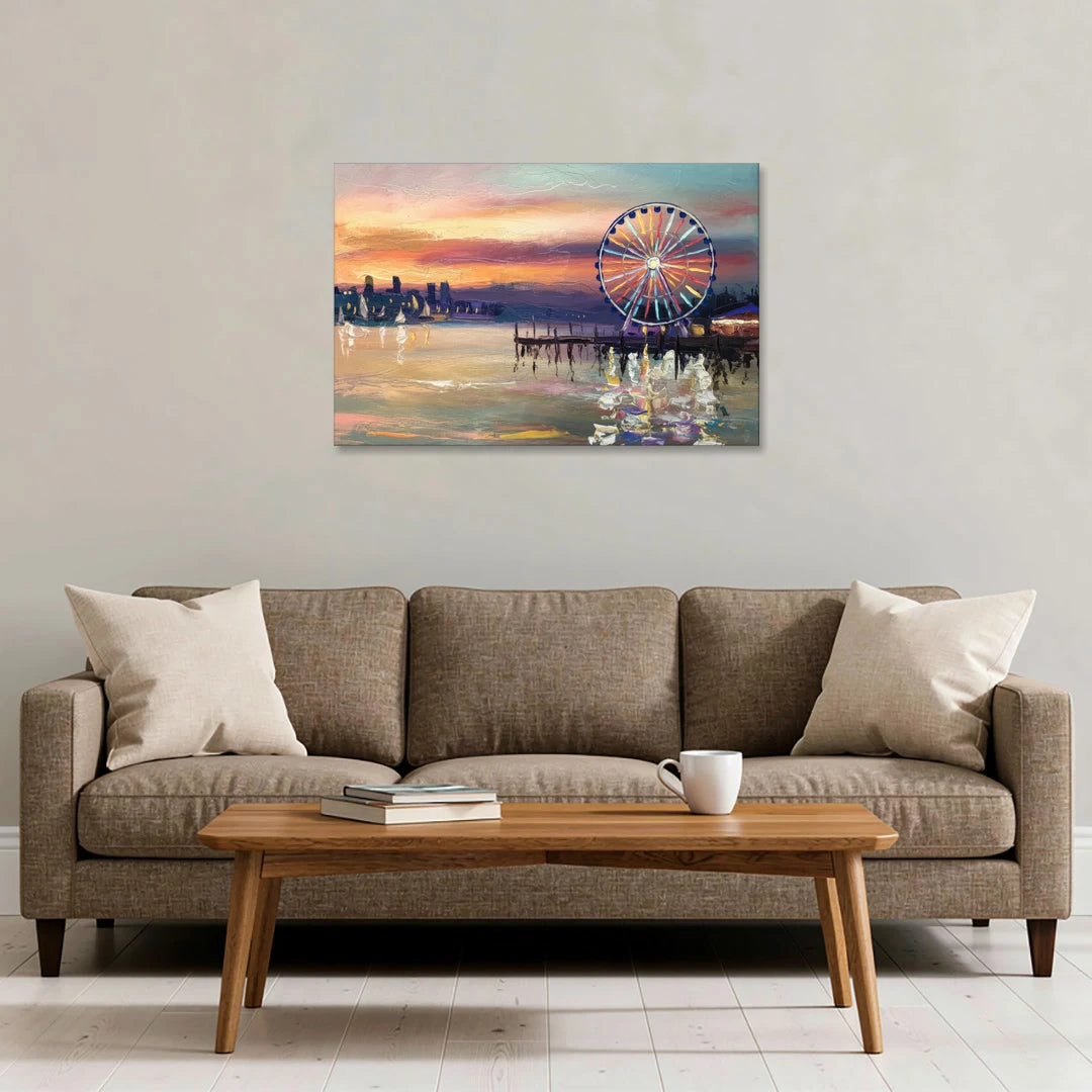 Seattle Harbor With Ferris Wheel - Canvas Wall Art - Sofa - 36x24