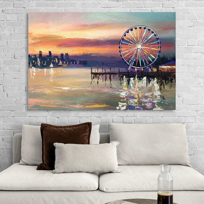Seattle Harbor With Ferris Wheel Living Room - Canvas Wall Art