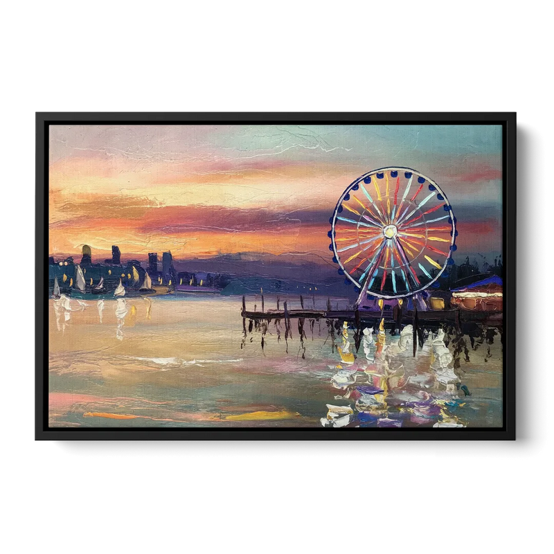 Seattle Harbor With Ferris Wheel Front - Black Canvas Wall Art