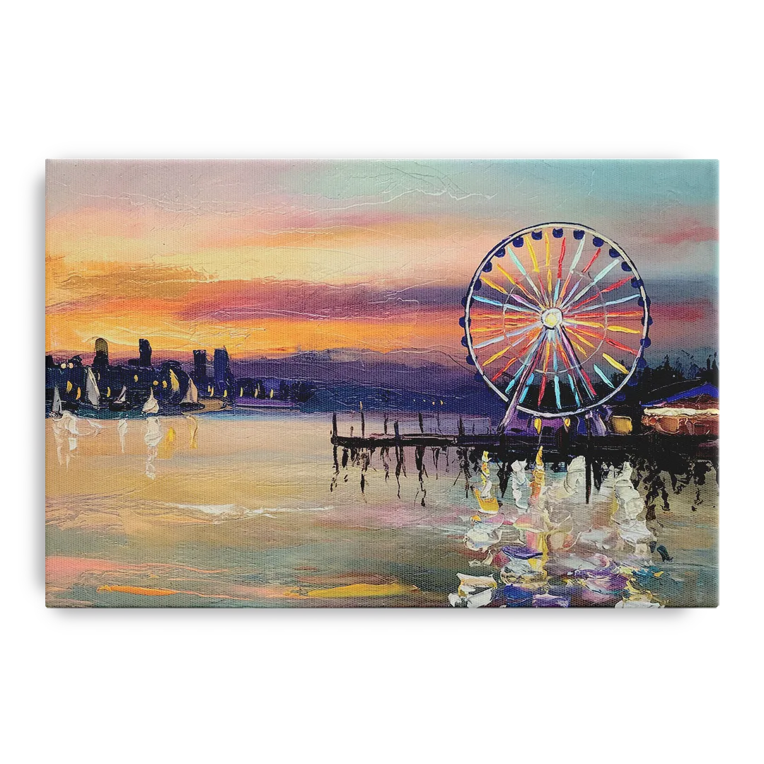 Seattle Harbor With Ferris Wheel Front - Canvas Wall Art