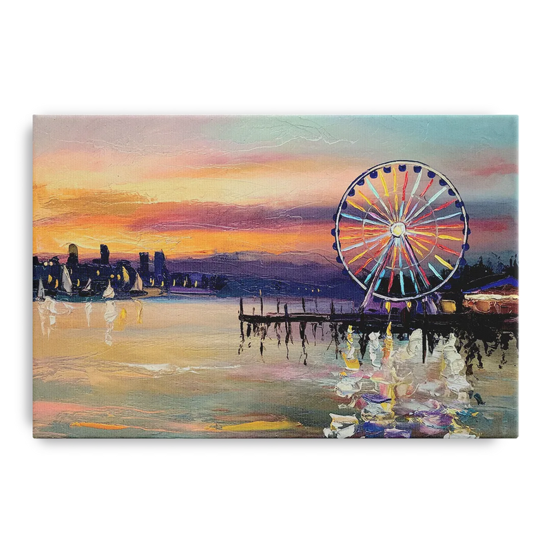 Seattle Harbor With Ferris Wheel Front - Canvas Wall Art