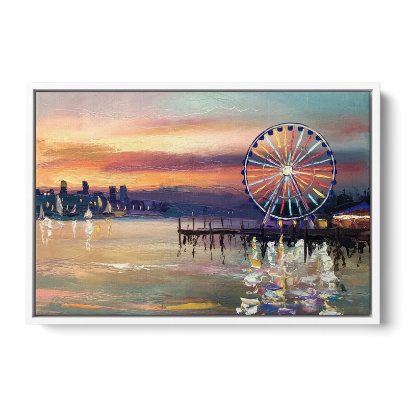 Seattle Harbor With Ferris Wheel Front - White Canvas Wall Art