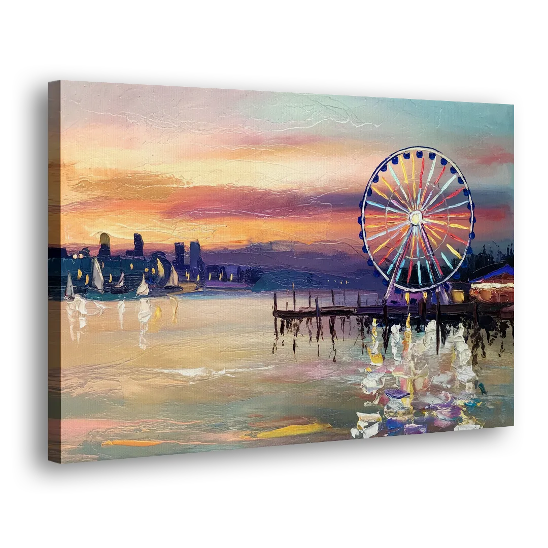Seattle Harbor With Ferris Wheel Side - Canvas Wall Art