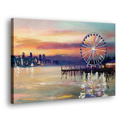 Seattle Harbor With Ferris Wheel Side - Canvas Wall Art