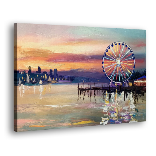 Seattle Harbor With Ferris Wheel Side - Canvas Wall Art