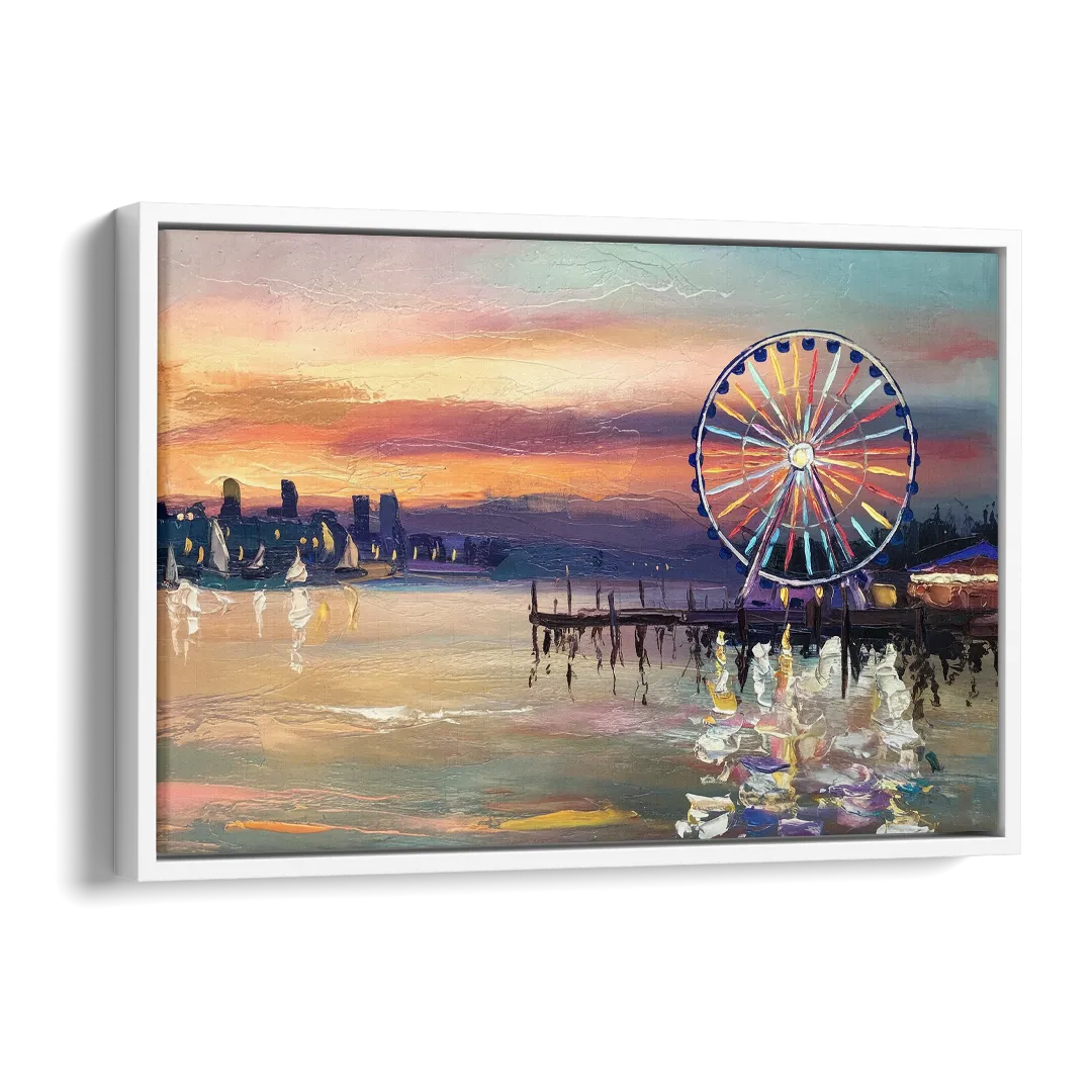 Seattle Harbor With Ferris Wheel Side - White Canvas Wall Art