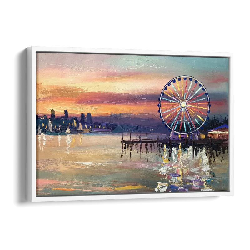 Seattle Harbor With Ferris Wheel Side - White Canvas Wall Art