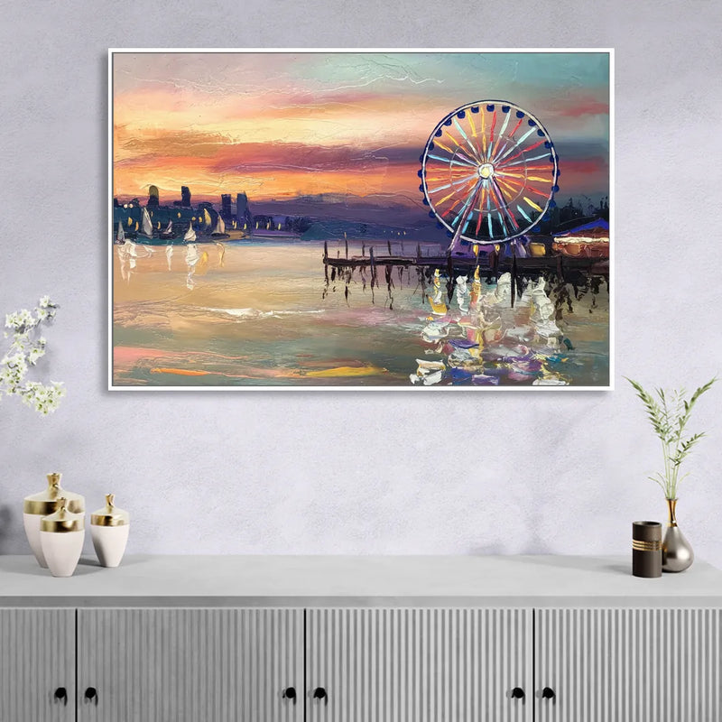 Seattle Harbor With Ferris Wheel Living Room - White Canvas Wall Art