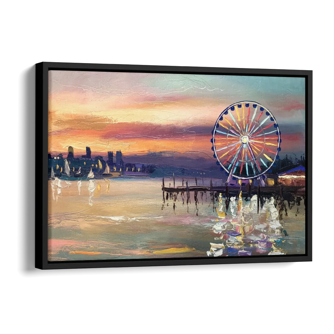 Seattle Harbor With Ferris Wheel Side - Black Canvas Wall Art