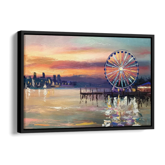 Seattle Harbor With Ferris Wheel Side - Black Canvas Wall Art