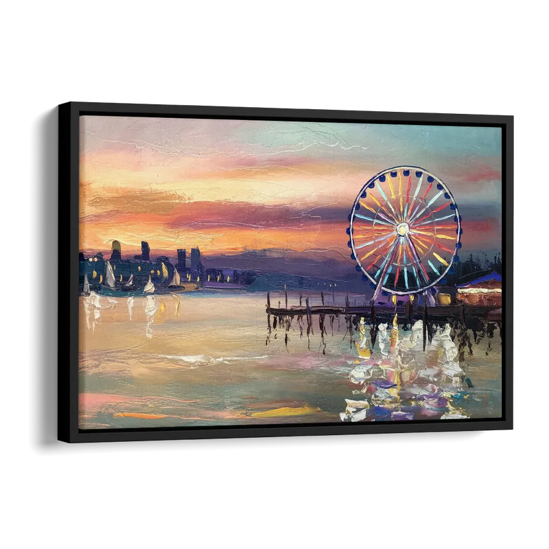 Seattle Harbor With Ferris Wheel Side - Black Canvas Wall Art