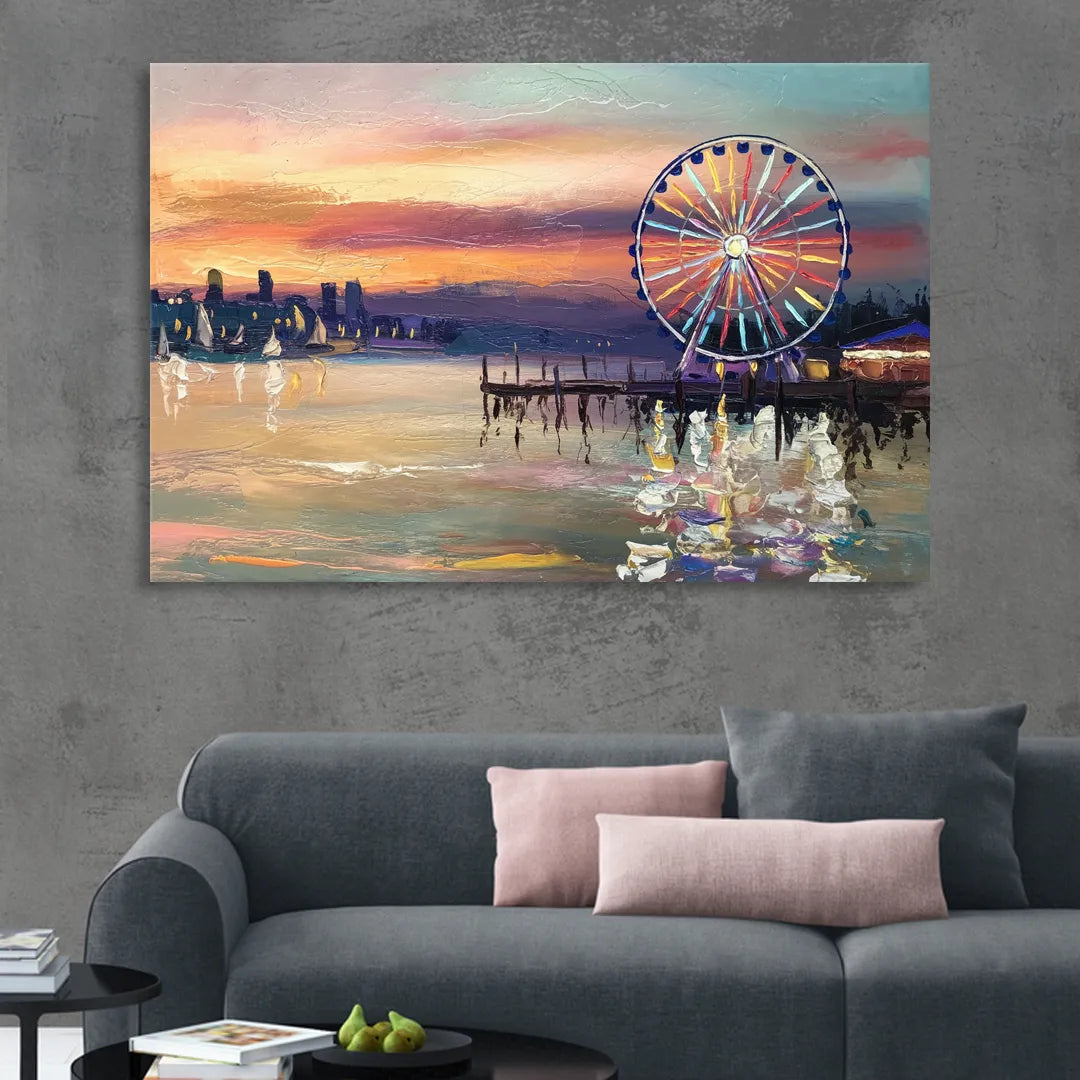 Seattle Harbor With Ferris Wheel Sitting Room - Canvas Wall Art