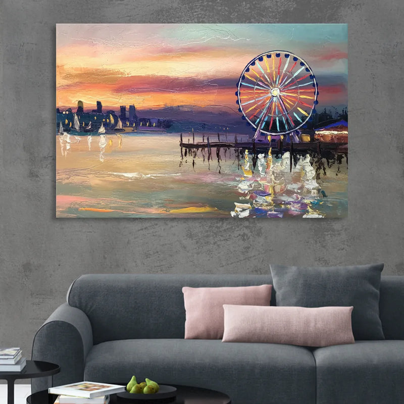 Seattle Harbor With Ferris Wheel Sitting Room - Canvas Wall Art