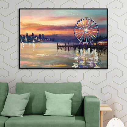 Seattle Harbor With Ferris Wheel Sitting Room - Black Canvas Wall Art