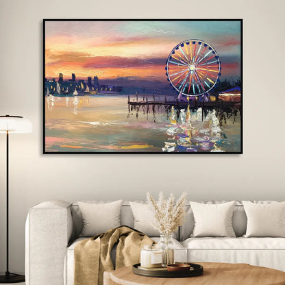 Seattle Harbor With Ferris Wheel Living Room - Black Canvas Wall Art