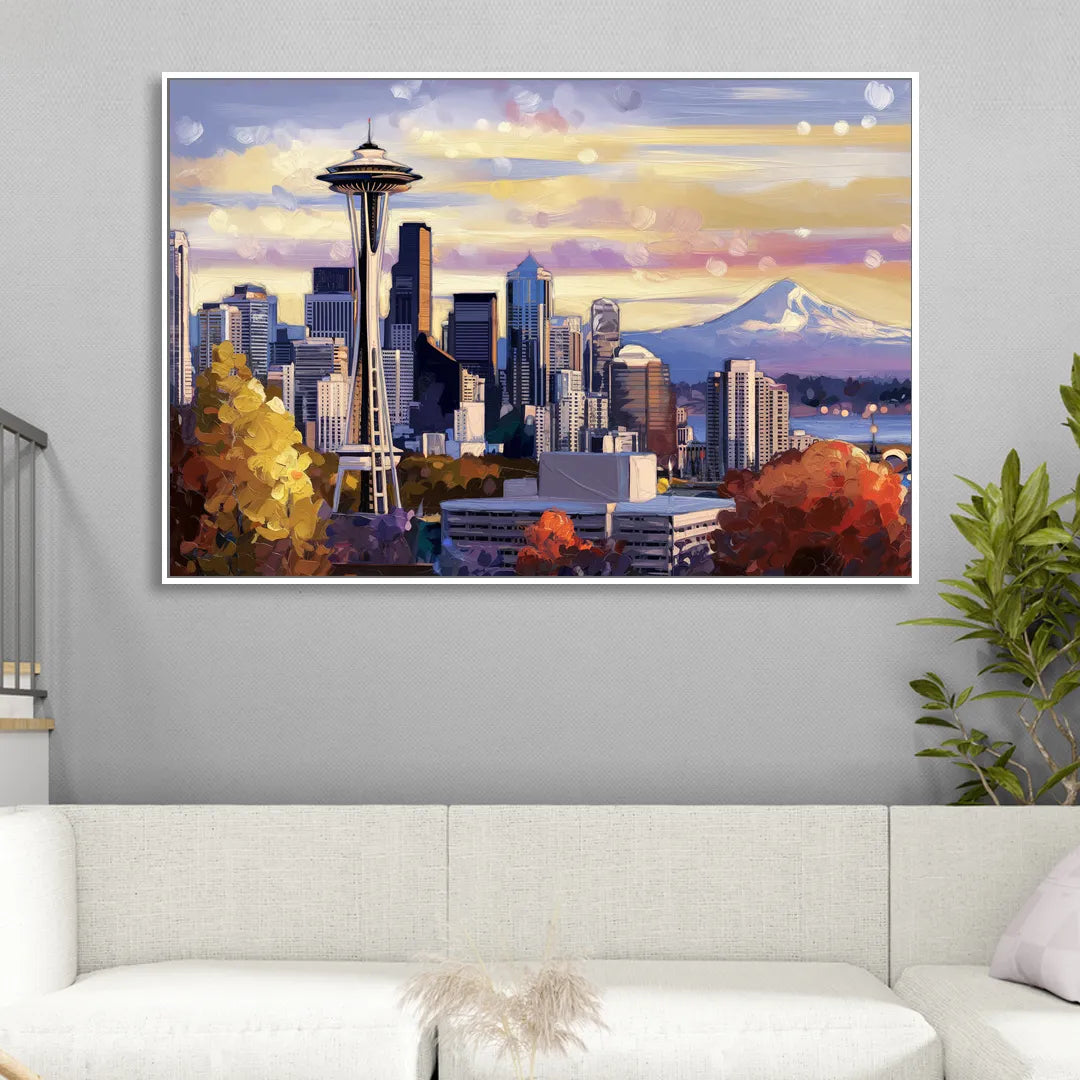 Seattle Iconic Landmarks Sitting Room - White Canvas Wall Art