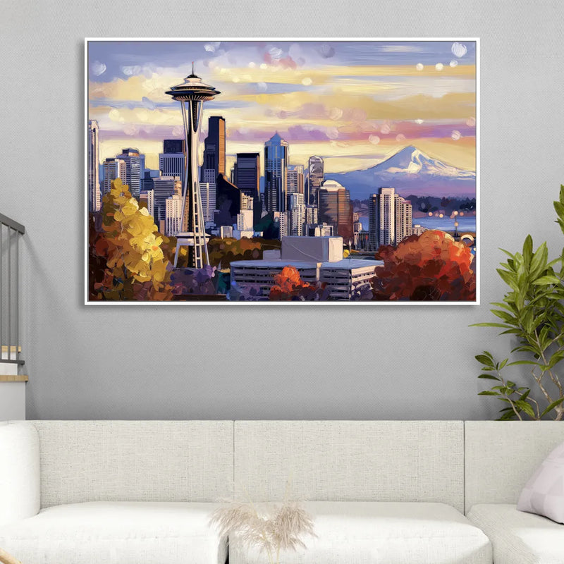 Seattle Iconic Landmarks Sitting Room - White Canvas Wall Art
