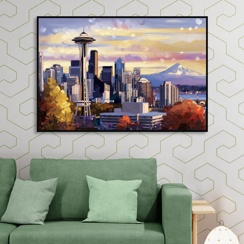 Seattle Iconic Landmarks Living Room - Black Canvas Wall Art