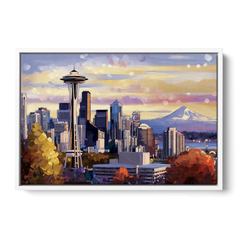 Seattle Iconic Landmarks Front - White Canvas Wall Art