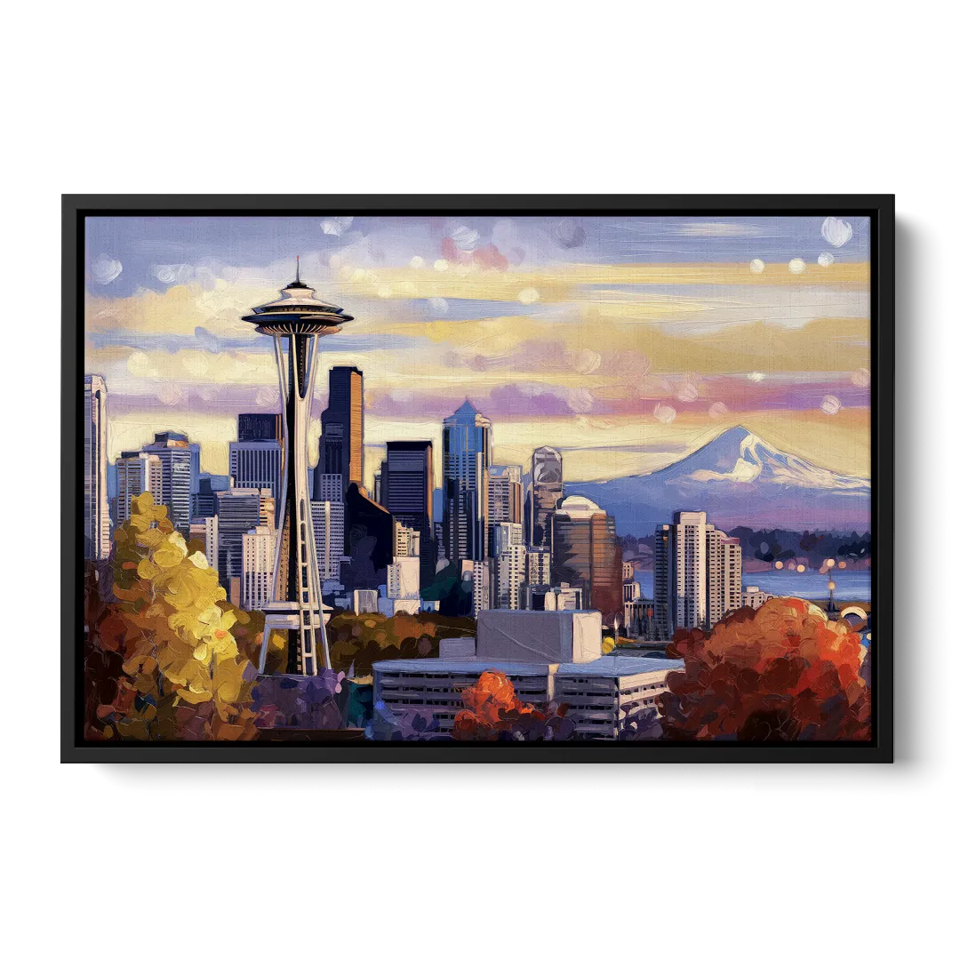 Seattle Iconic Landmarks Front - Black Canvas Wall Art