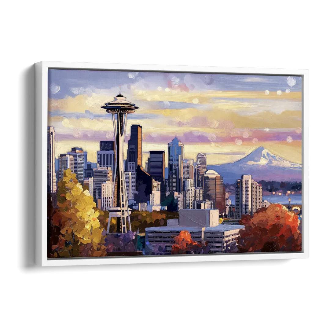 Seattle Iconic Landmarks Side - White Canvas Wall Art