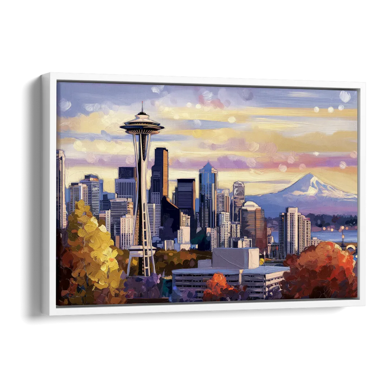 Seattle Iconic Landmarks Side - White Canvas Wall Art