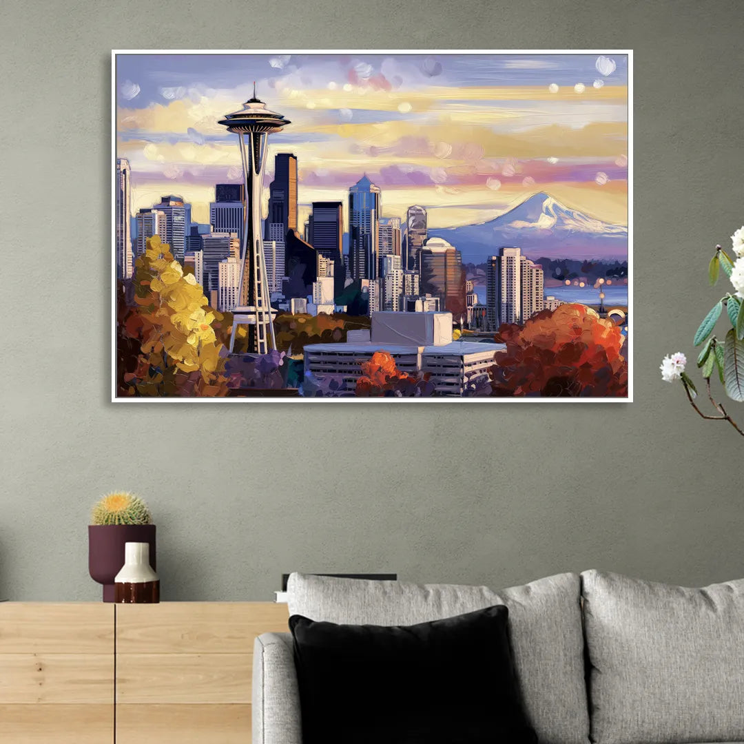 Seattle Iconic Landmarks Living Room - White Canvas Wall Art