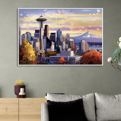 Seattle Iconic Landmarks Living Room - White Canvas Wall Art