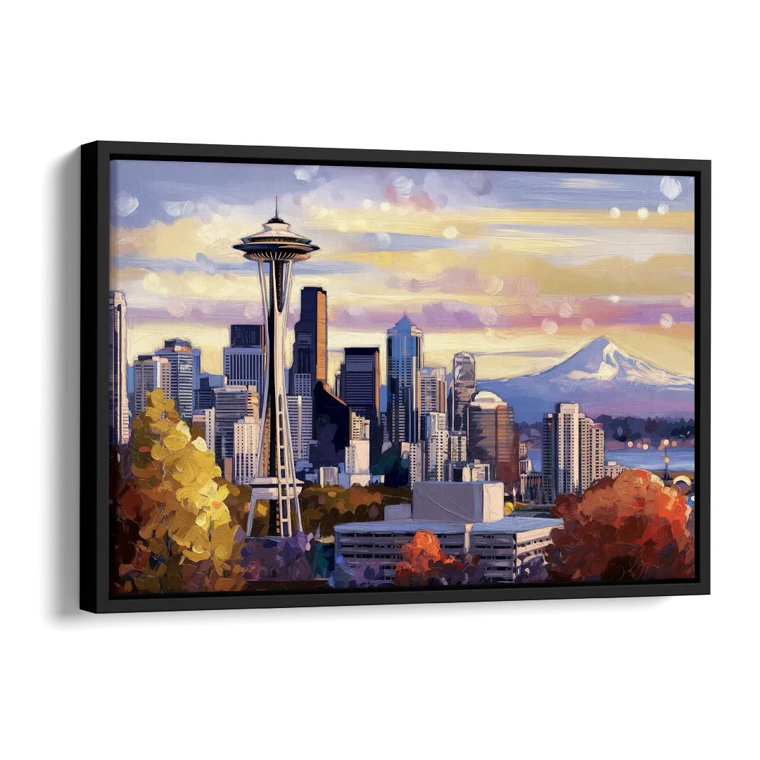 Seattle Iconic Landmarks Side - Black Canvas Wall Art