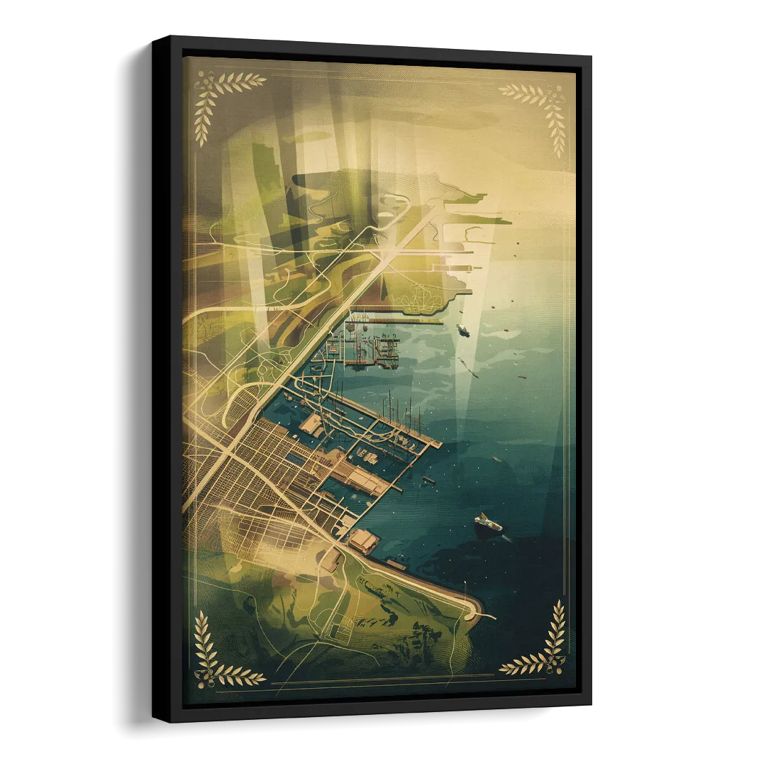 Seattle Map Vintage Style Side - Black Canvas Wall Art