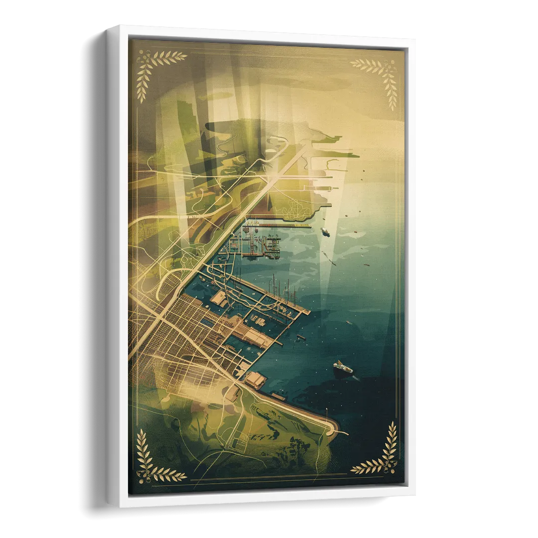 Seattle Map Vintage Style Side - White Canvas Wall Art