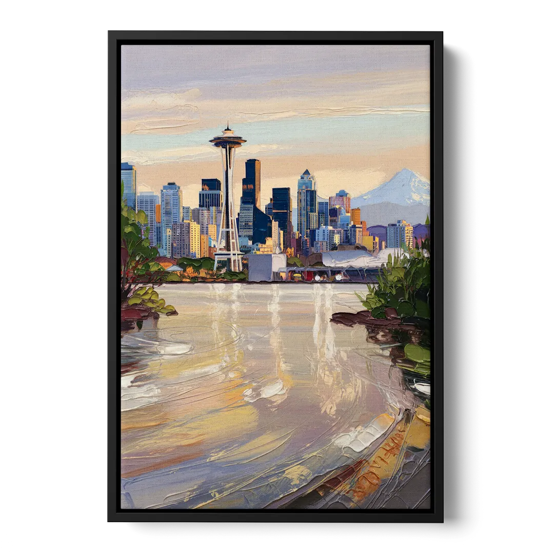 Seattle Nature Meets City Front - Black Canvas Wall Art