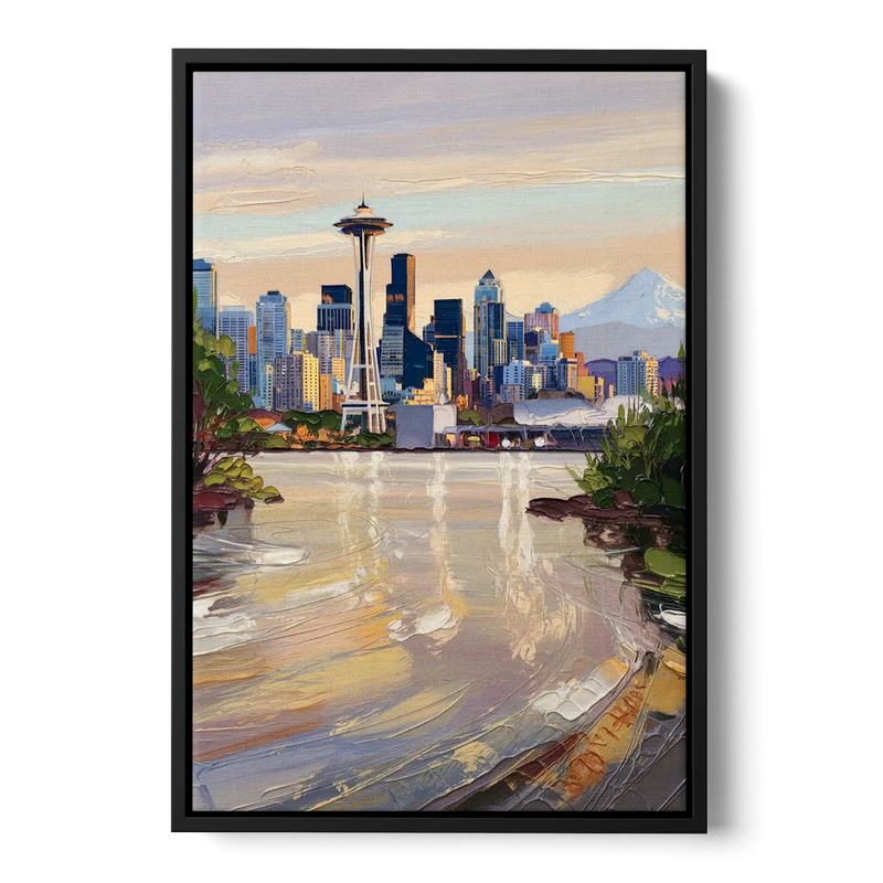 Seattle Nature Meets City Front - Black Canvas Wall Art