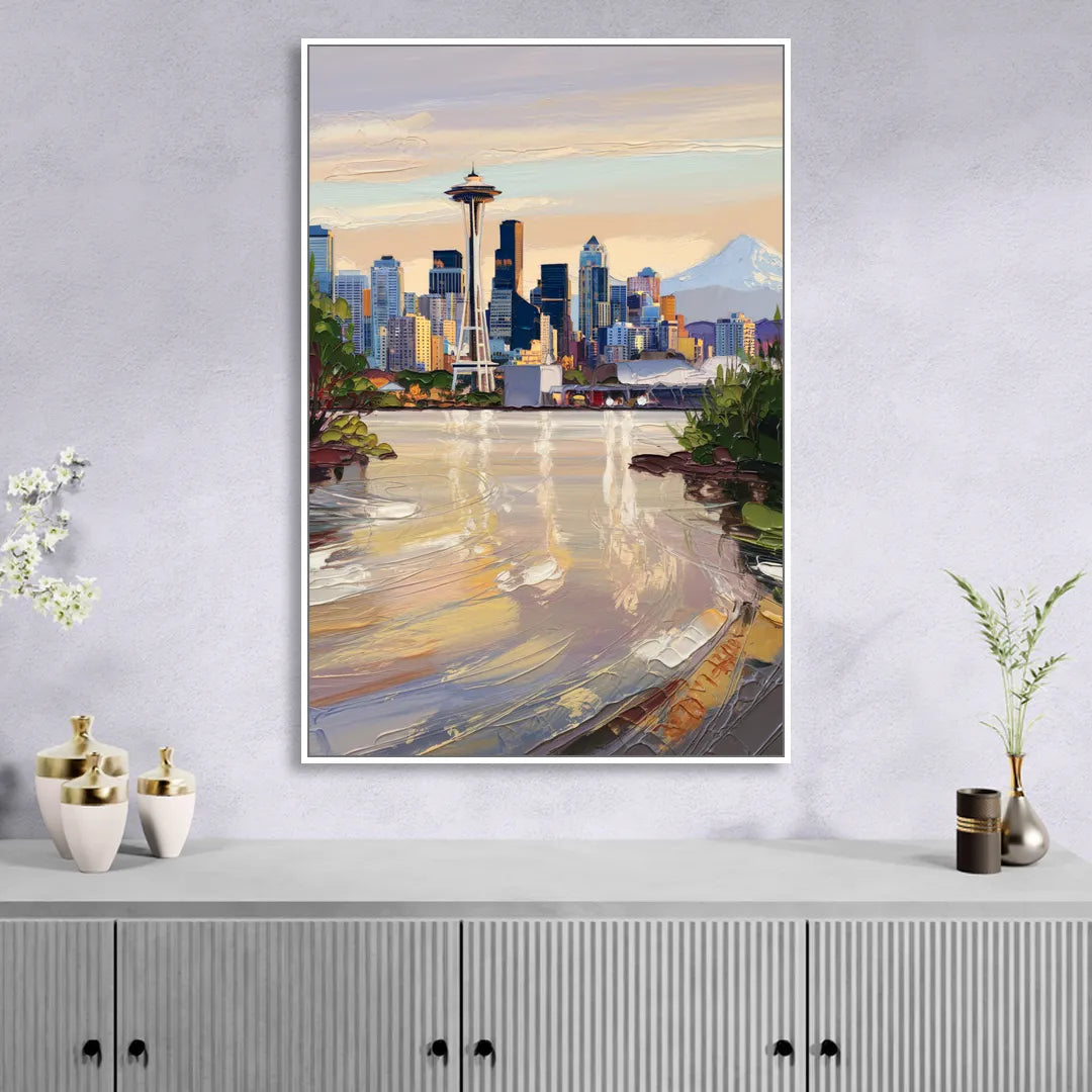 Seattle Nature Meets City Living Room - White Canvas Wall Art